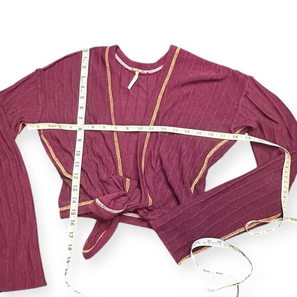 FREE PEOPLE Women’s Burgundy Long Sleeve Linen Cotton Tie Front Cardigan Sweater - Picture 5 of 5